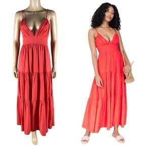 HYFVE V-neck Plunging Tiered Coral Orange Maxi Dress MEDIUM